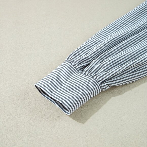 B264 Black Stripe Floral Patchwork Tied V Neck Shift Long Sleeve Mini Dress - Picture 12 of 14